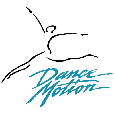 Dance Motion logo - line drawing of a dancer leaping over the words dance motion.