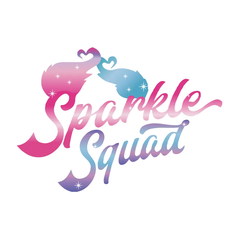 Pink and blue gradient Sparkle Squad logo.