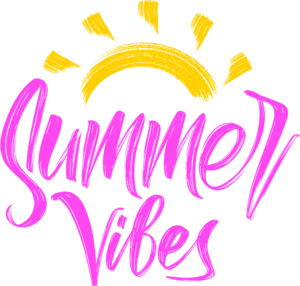 Summer Vibes handwritten in pink with a sun over the words.